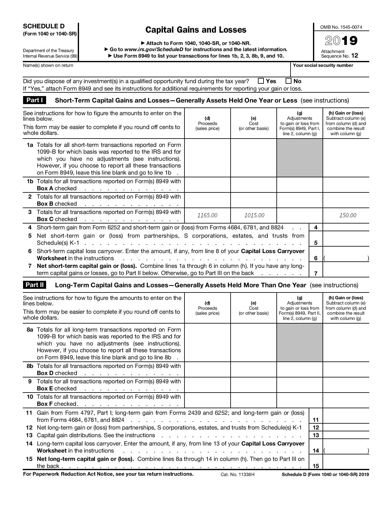 An example Form 1040 Schedule D for a crypto trader.