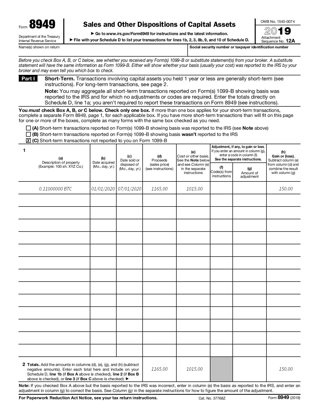 An example Form 8949 for a low-volume crypto trader.