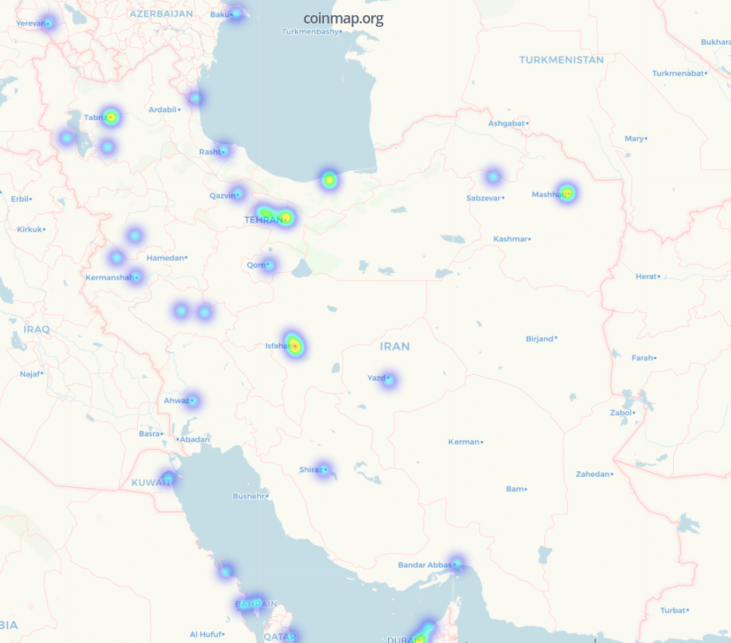 A Coinmap heatmap showing businesses that accept crypto in Iran.