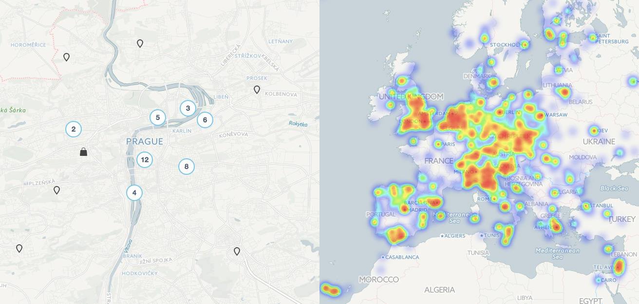 A Coinmap heatmap and map of venues in Prague.