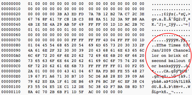 The very first block on Bitcoin's blockchain—the "genesis block"—contains a cryptic message from Satoshi Nakamoto referencing the 2008 financial crisis. By TeraCoin.