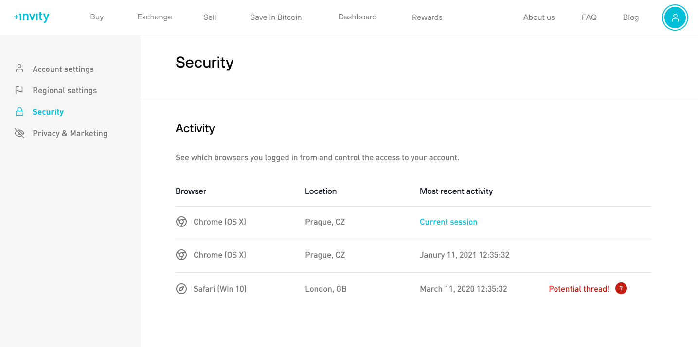 Invity accounts - security settings