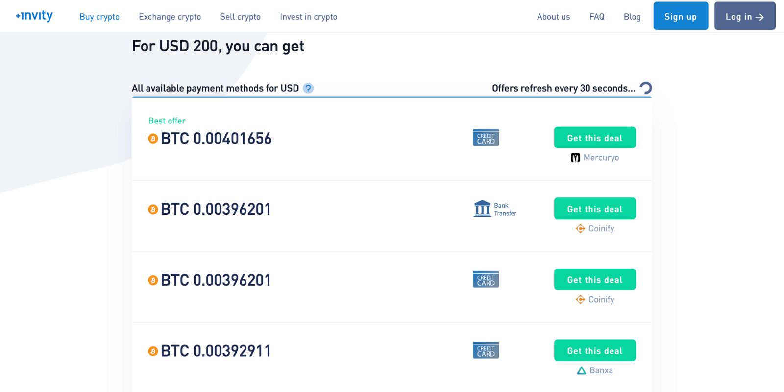 Invity's long list of offers, with details about payment methods, providers, and no hidden fees.