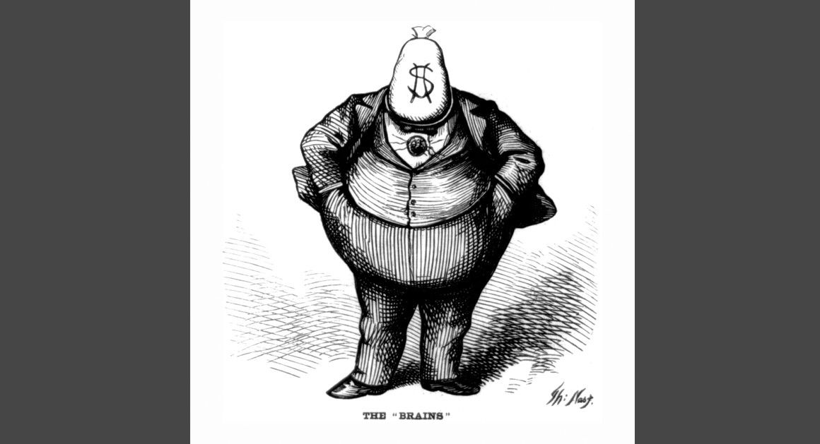 It may be humorous, but Mr. Moneybags isn't how money moves in the digital age. Thomas Nast via Politico.