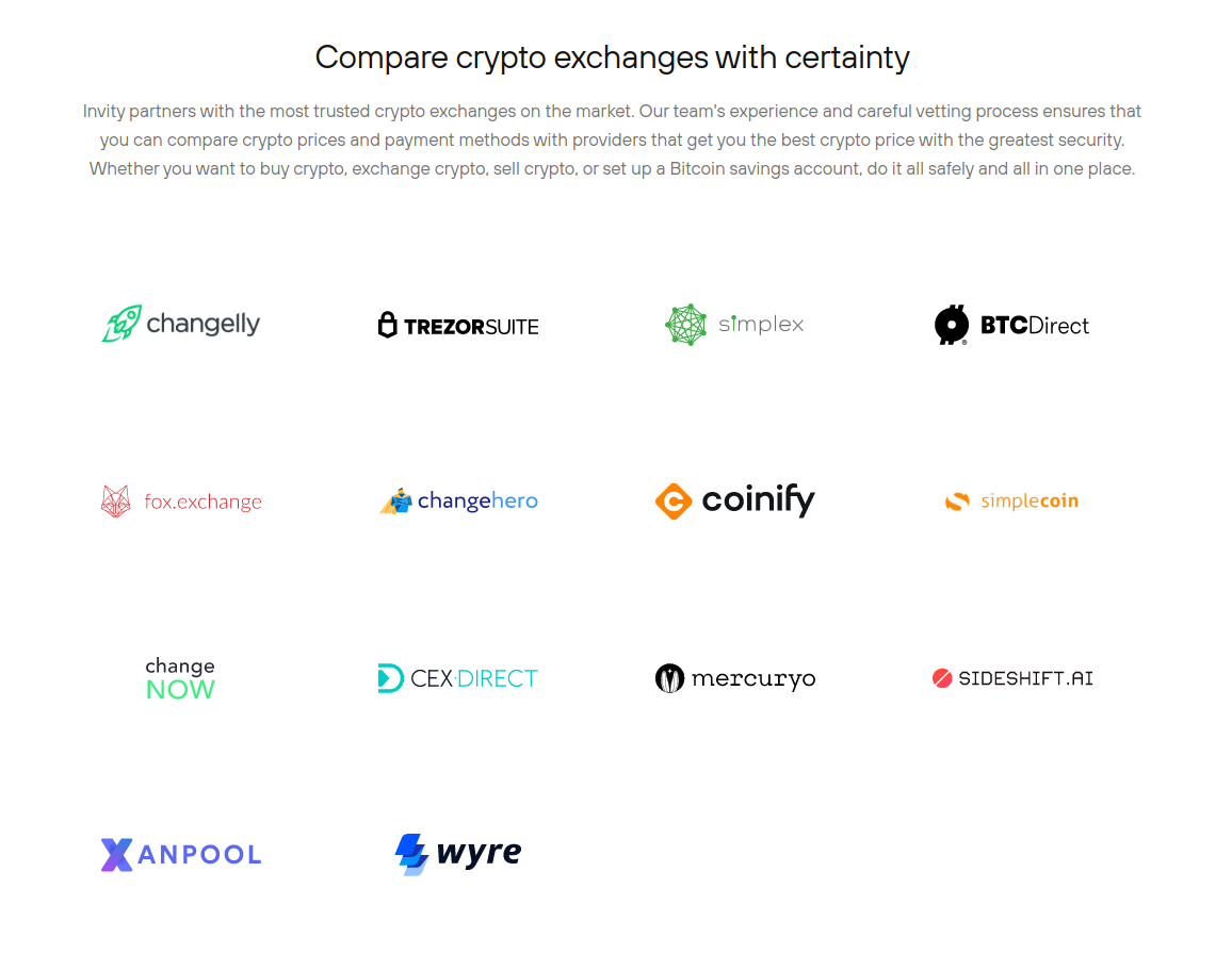 All of Invity's providers are non-custodial exchanges. Stay tuned for more additions!