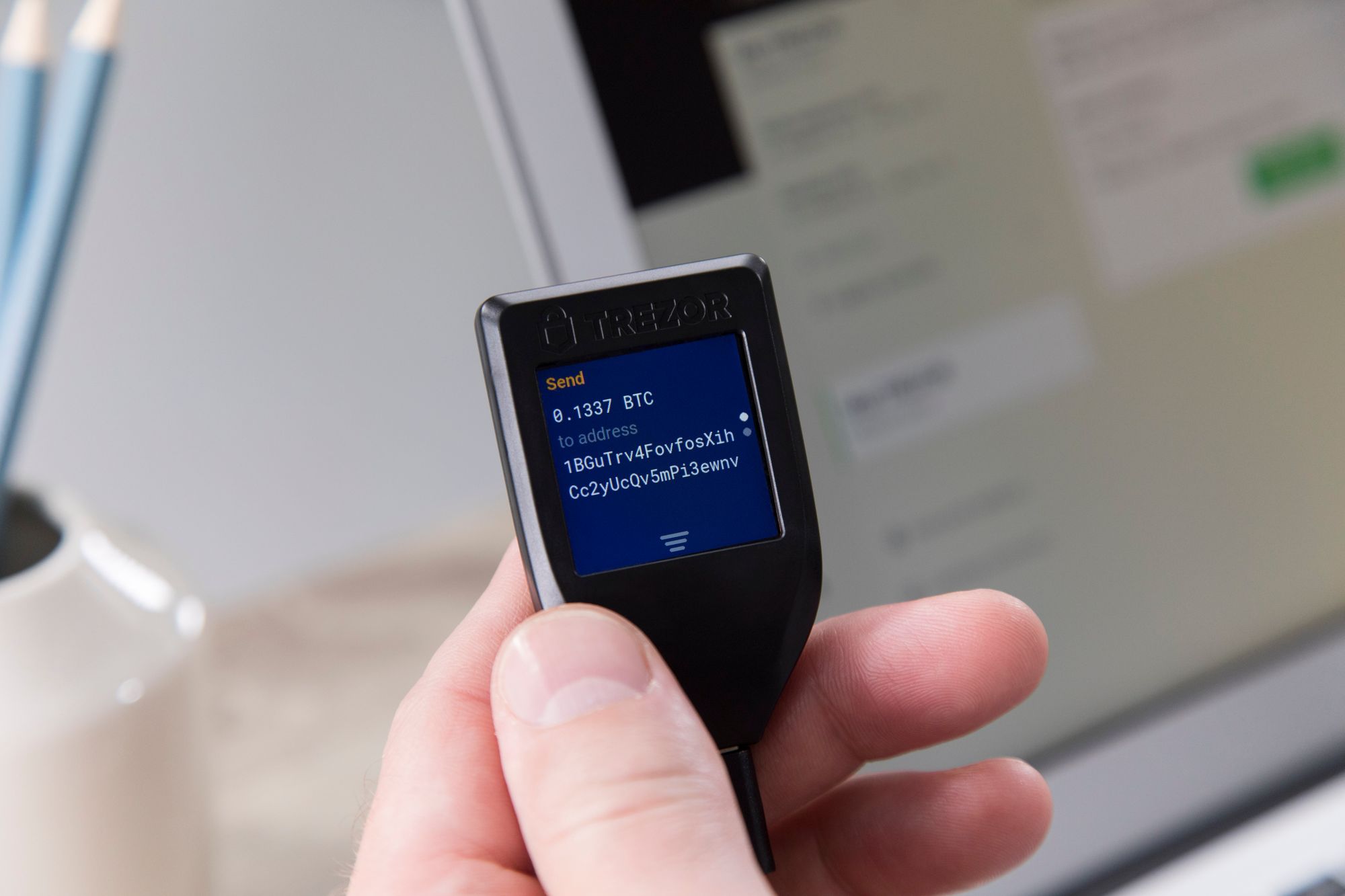 Touch screens like this one on the Trezor Model T let you easily and securely double-check and confirm that the address is the one you want to use.