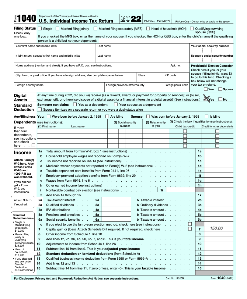 An example Form 1040 for a crypto trader.
